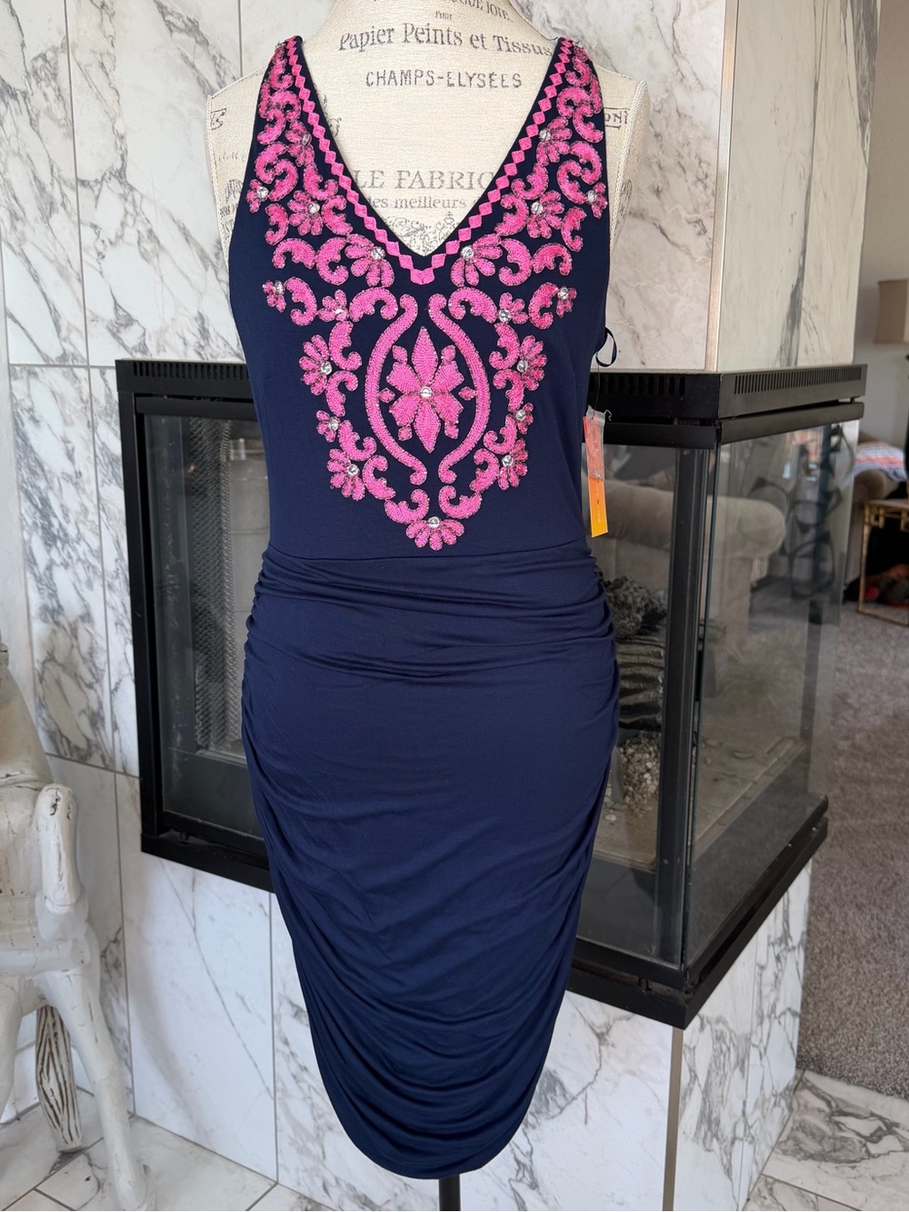 Inc Concepts L Navy Blue V-Neck Embroidered Sheath Dress with Pink Appliqué NWT